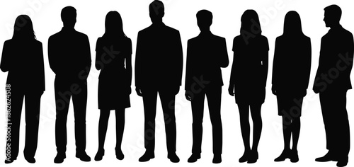 Silhouettes of business professionals, black shadows, suits and dresses, posture diversity, corporate identity, teamwork, standing figures, group, unity, style