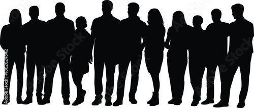 Standing silhouette group, diverse people, black profile, professional attire, vector illustration, unity concept, posture variety, team icon, identity design