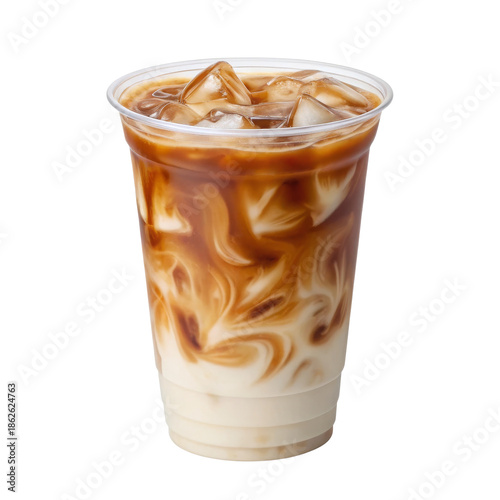 Iced coffee with swirling cream and ice cubes in a clear plastic cup isolated on white background