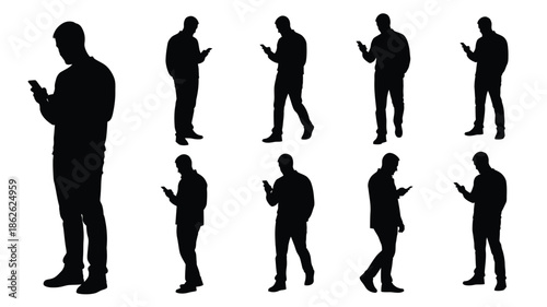 A collection of people using phones in various poses black silhouette