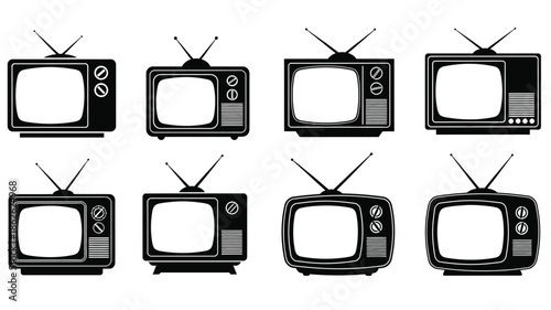 Arrangement of vintage televisions in a simple black and white silhouette