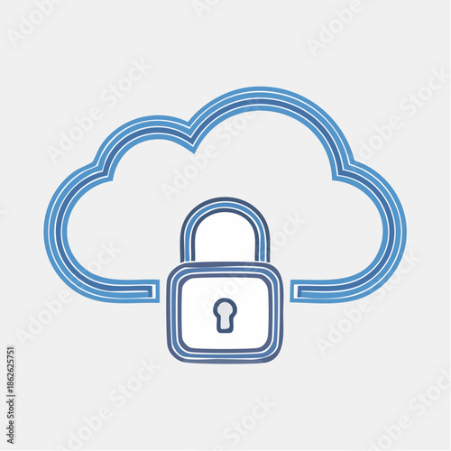 Clean vector icon symbolizing secure cloud computing and digital data protection, featuring a padlock safeguarding a cloud outline. Represents online privacy, internet safety, and information security