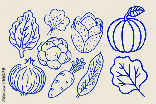 Hand-drawn set of blue line art vegetable illustrations featuring pumpkin, carrot, onion, and leafy greens on a light beige background.