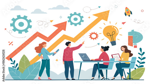 Energetic Startup Team Meeting Vector with Bright Dynamic Arrows Representing Rapid Growth and Success