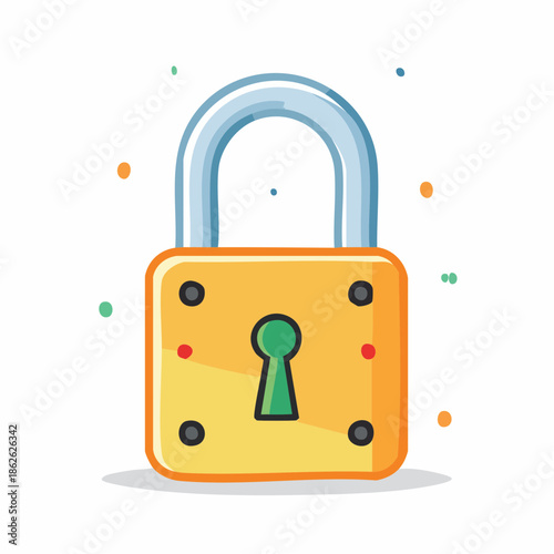 Vibrant yellow padlock illustration with a bright blue shackle and green keyhole, conveying robust digital security, data privacy, and access protection in a clean, isolated graphic design