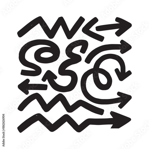  Set of Hand Drawn Black Marker Arrows Zigzag Lines and Dotted Swirl Elements.