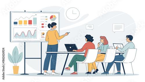Professional Startup Pitch Meeting Scene with Presentation Board and Collaborative Business Team Strategy in Flat Vector Illustration