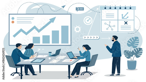 Professional Strategic Planning Session Vector featuring Team Discussion with Growth Charts and Financial Data Analysis