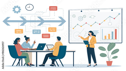 Strategic Business Planning Meeting Illustration with Data Charts and Professional Team Collaborating on Corporate Strategy