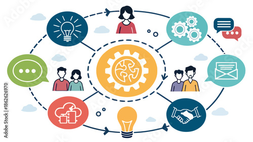 Creative Team Collaboration Meeting Illustration with Interconnected Business Icons Representing Synergy and Shared Goals