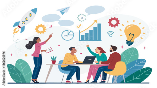 Vibrant Startup Team Meeting Illustration with Playful Business Elements and Energetic Workspace Atmosphere for Creative Innovation