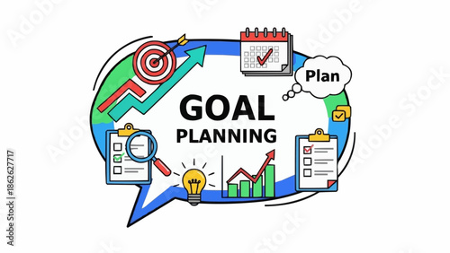 Goal Planning Illustration - Strategy, Objectives, and Action Plan for Success.