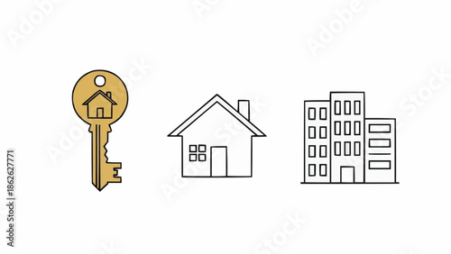 Icons representing real estate, including a key, house, and apartment building.