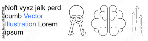 Education, creativity, problem-solving, security, intelligence, vision. Line drawing of a brain with keys and upward arrows. Education and creativity concepts illustrated in the design