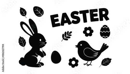 Black easter bunny and bird silhouette with eggs and flowers isolated on white background