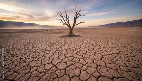 Solitary dead leafless tree stands alone in the middle of a vast, dry, cracked desert landscape under a beautiful sunrise sky with distant mountains