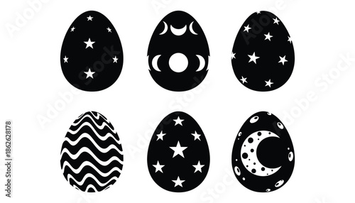 Black and white easter eggs with star and moon patterns isolated on white background