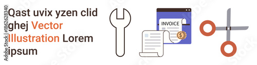 Business organization, repair services, financial management, office tools, cut costs, and workflow optimization. Wrench, scissors document and invoice elements are displayed. Business organization