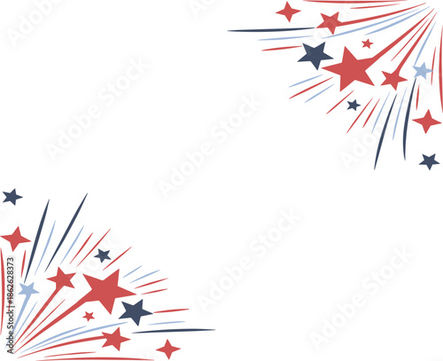 Patriotic firework corner border set with red blue and white stars and festive starburst explosions
