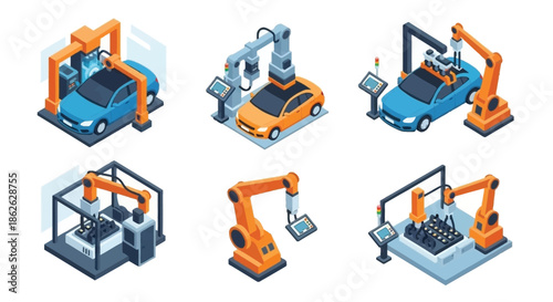 Automated car manufacturing process with robotic arms and assembly lines displayed