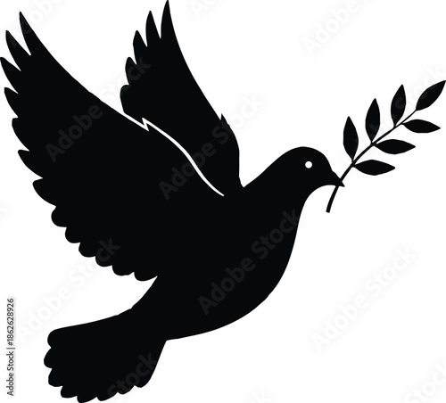 dove, peace, olive branch, silhouette, black, white background, flight, bird, symbol, harmony, serenity, calmness, gentleness, innocence, freedom, flight, wings, beak, leaves, branch, nature, serene, 