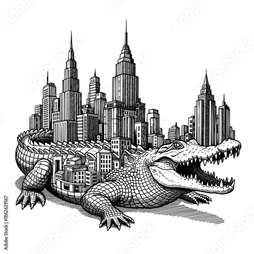 Crocodile city invasion sketch T-shirt vector illustration