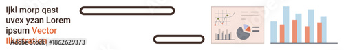 Business analysis, data presentation, statistics, financial metrics, growth reports, information processing. Bar graphs, line charts and pie chart displayed together. Business analysis and data