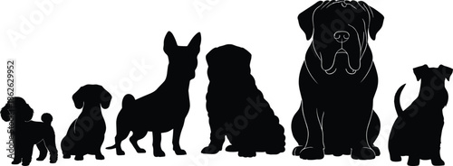 Dog Breeds Silhouette Set Showing Different Sizes and Poses in Black Flat Vector Illustration