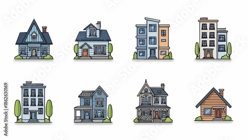 Collection of Diverse House Illustrations in a Row.