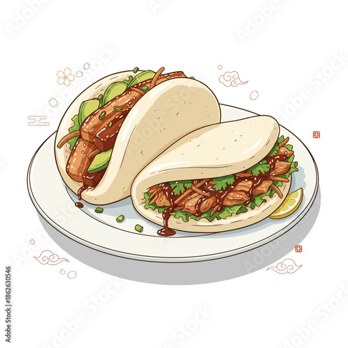 Traditional Taiwanese Gua Bao Steamed Buns with Glazed Pork Illustration