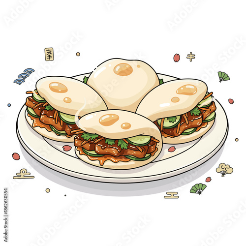 Asian Steamed Buns (Gua Bao) with Braised Pork Belly, Cucumber, and Sauce Illustration
