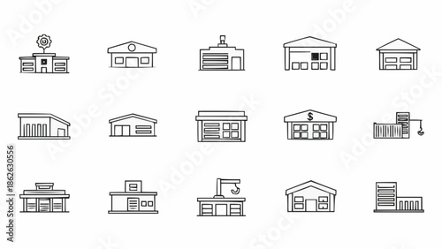 Collection of diverse building icons representing various commercial and industrial structures.