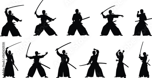 Samurai sword silhouettes martial arts katana warriors action poses illustration isolated on white background Japanese combat vector set design collection