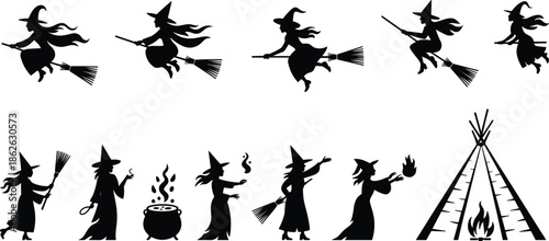 Set of witch silhouettes flying on broomsticks magic ritual poses Halloween witchcraft black vector icons isolated on white background illustration