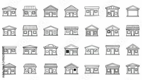 Collection of Hand Drawn Architectural Building Facades and Storefronts.
