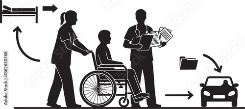 Medical staff assisting a patient in a wheelchair