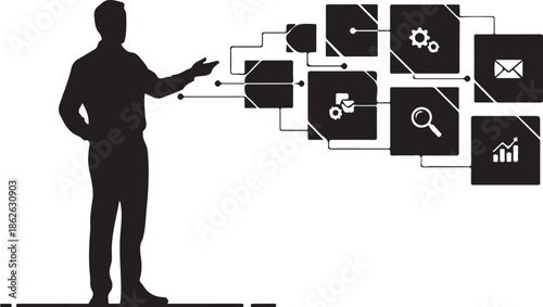 A man interacts with a complex flowchart diagram