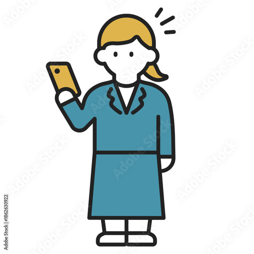 スマートフォンを持つビジネスウーマン（線幅変更可能・カラー）