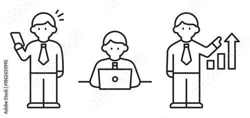 仕事をする男性のビジネスアイコンセット（線幅変更可能）	