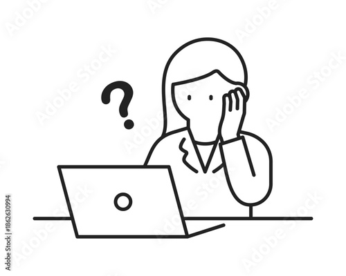 ノートパソコンを操作するスーツを着た女性ー考える・疑問（線幅変更可能）