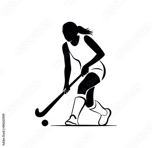 Silhouette of a female athlete playing field hockey with a stick and ball.
