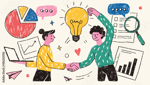 Partners collaborating on innovative business ideas with lightbulb moment