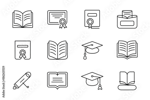 A grid of simple line art icons representing educational symbols like books and diplomas.