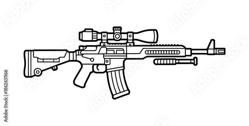 A detailed illustration of a sniper rifle with a telescopic scope and bipod.