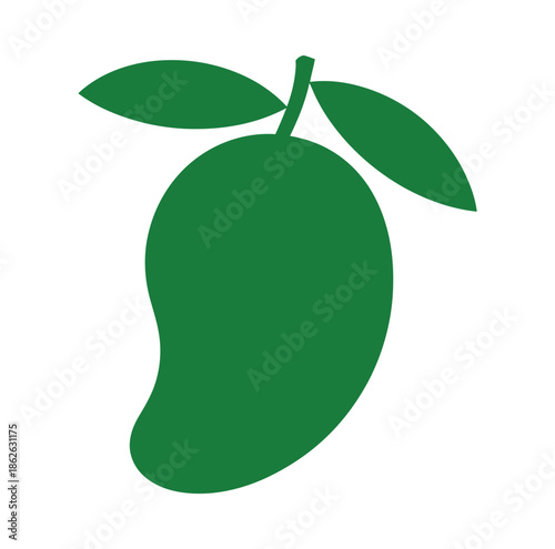 A green mango fruit with leaves on a white background.