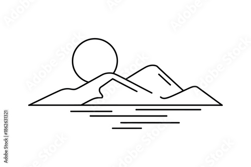 Minimalist line art depicts a sun setting over mountains and water.