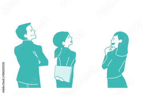 オフィスでミーティングをしているスーツの男性と女性のシンプルなイラスト