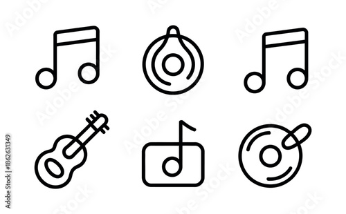 Musical notes and instruments are depicted with clean line art icons.