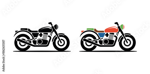 Two motorcycles, one black and one colorfully illustrated, are shown side-by-side against a white background.