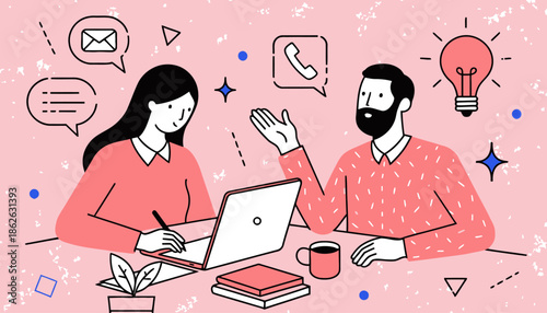 Colleagues discussing ideas in modern office setting with laptop